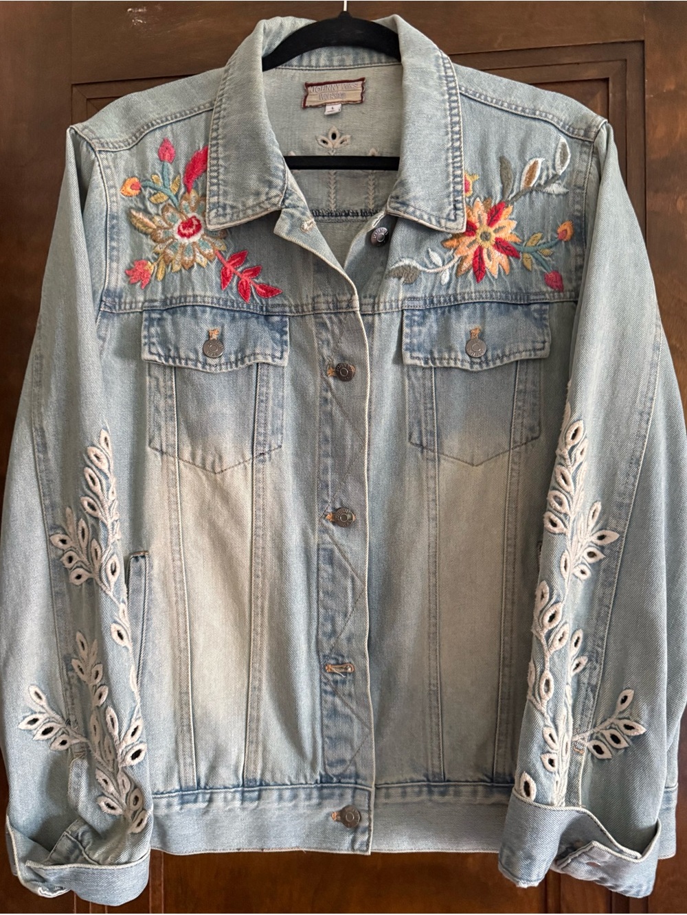 Johnny Was Light Wash Embroidered Denim Jacket with Floral Accents - Picture 1 of 5